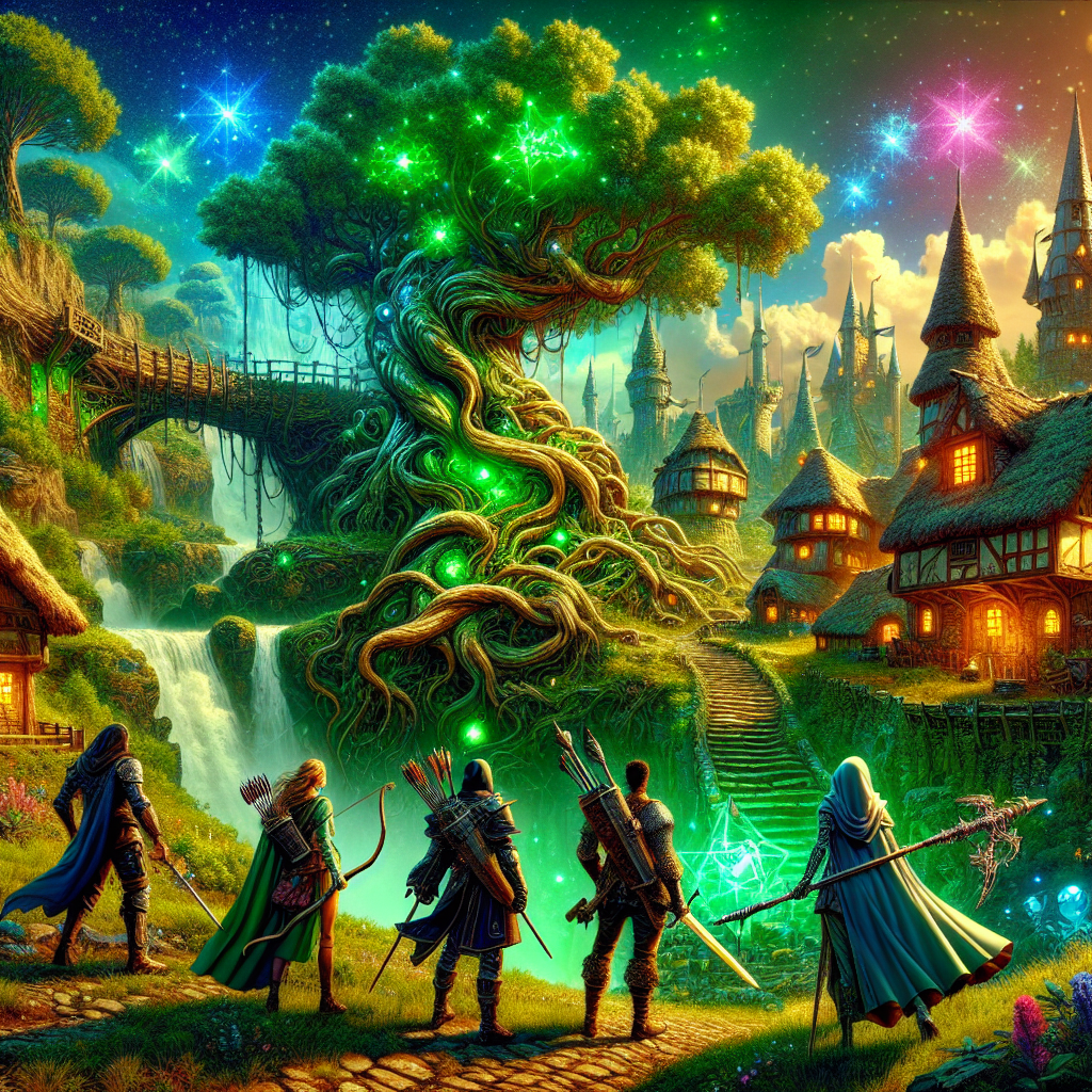 Design an image reminiscent of a fantasy RPG, featuring an enchanted forest landscape, a medieval village, and characters equipped for an epic quest.