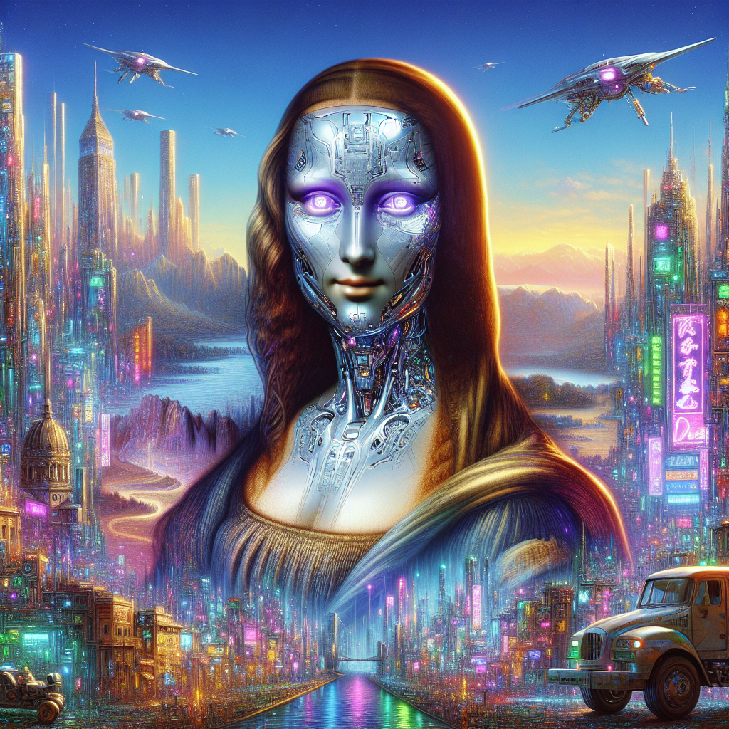 Reimagine Da Vinci's 'Mona Lisa' in a cyberpunk setting, with Mona Lisa as a humanoid robot against a backdrop of a futuristic city.